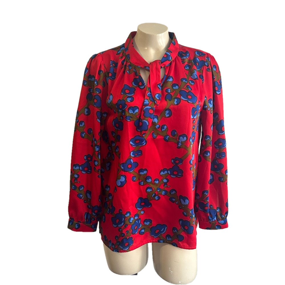 J. Crew Collection SM Tie Neck Top Lattice Floral Pop Art blouse( run big )